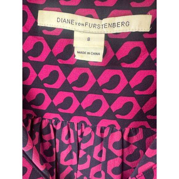 Diane von Furstenberg Silk Button Blouse Pink Navy Top Lorelei Chain DVF Size 8 - Picture 12 of 16